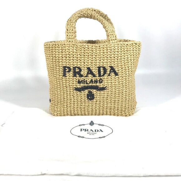 PRADA 1BG422 Basket Straw Bag Crochet Lettering Logo Tote Bag Hand Bag - Picture 1 of 9